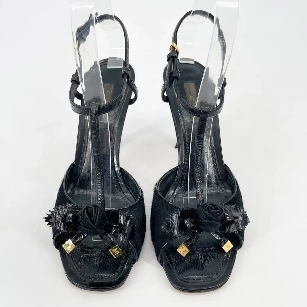 Vintage Louis Vuitton Black Pony-Style Calf Leather Rose T-Strap Sandals EU 37.5